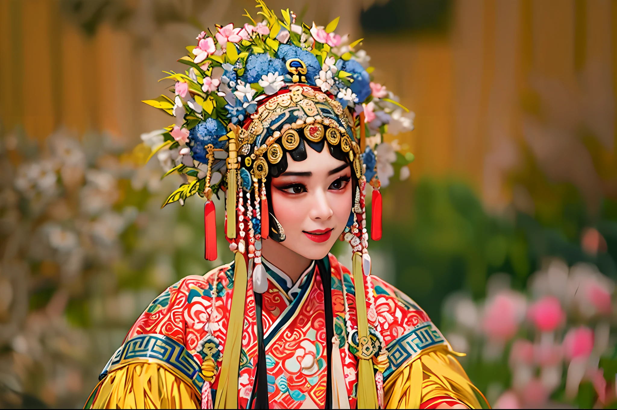 Natural lighting, Masterpiece, finely detailed, Best quality, Ultra-high resolution, 8k hdr, Top quality, Amazing, Professional lighting, Sharp focus, beijing opera，Opera costumes，beautidful eyes，Traditional Chinese opera style，be on stage，Phoenix crown