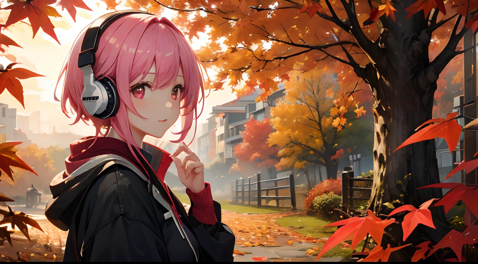 ​masterpiece、top-quality、Movie stills、1girl in、Landscape of autumn leaves、pink shorth hair、headphones、with light glowing、Happiness、Warm and soft lighting、Sunset of autumn leaves、(Spark:0.7)、Retreated paintings