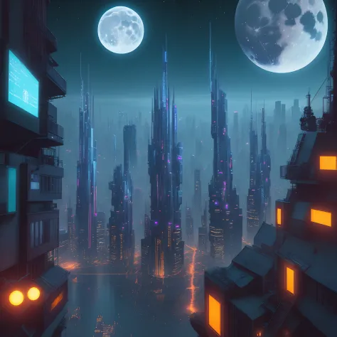 cyberpunked：Futuristic cityscape with bright lights and bright moonlit night in the background