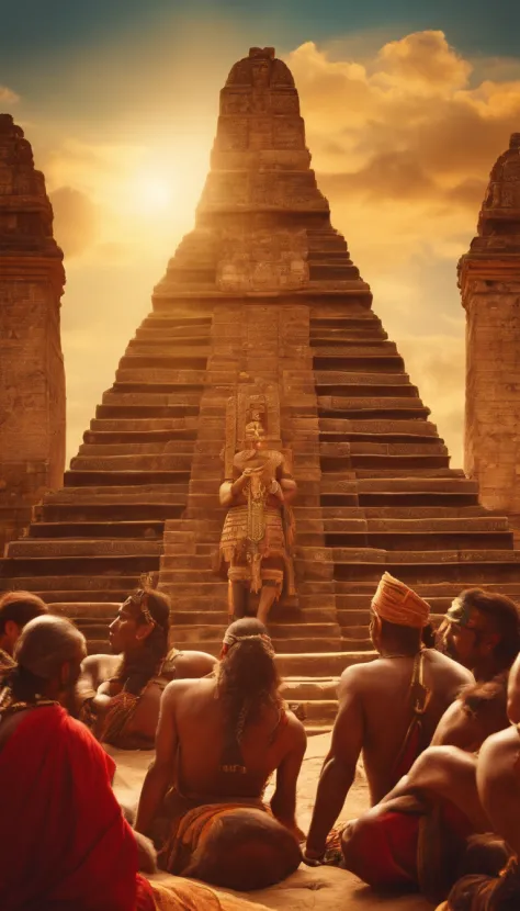 Mayan king being worshiped by slaves, at the top of the temple, sunny day in the background