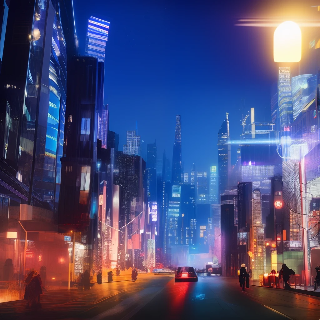 cyberpunk：Paysage urbain futuriste avec des lumières vives et une nuit de lune brillante en arrière-plan、nuit étoilée、