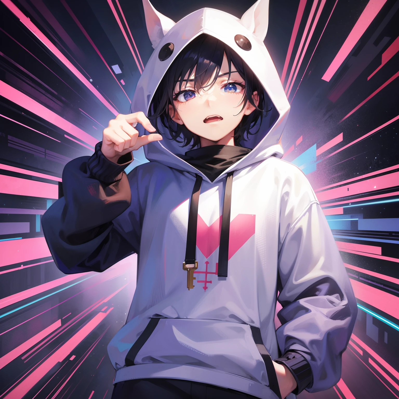 Boy in hoodie, index finger to mouth, facing the camera and toking , upper body, horse sticker, key anime art, projectile on broken digital art, anime art wallpaper 8K, anime style 4K, badass anime 8K