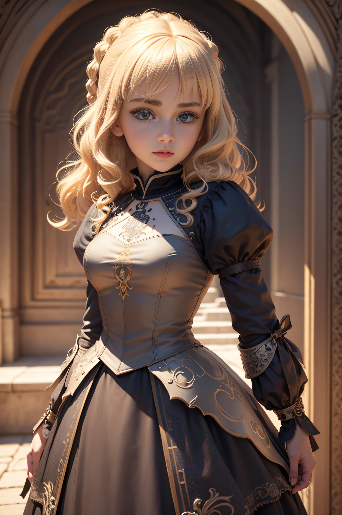 1girl, ​masterpiece, top-quality, 8k, detailed skin textures, Detailed Cloth Texture, beautifull detailed face, intricate-detail, ultra-detailliert, European girl, verd s eyes, Blonde curly high, 3dcharacter, medieval knight、Beautiful big eyes、