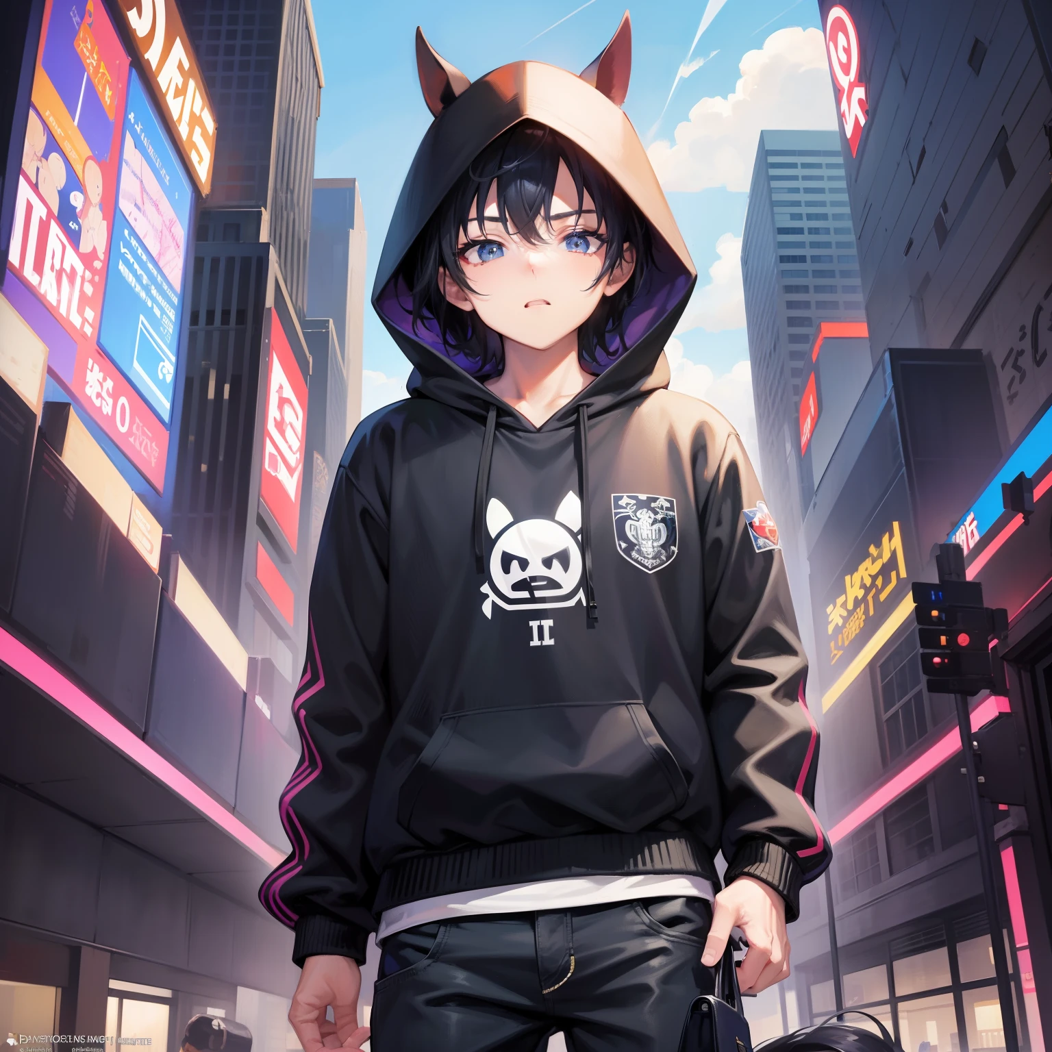 Boy in hoodie, index finger to mouth, facing the camera and toking , upper body, horse sticker, key anime art, projectile on broken digital art, anime art wallpaper 8K, anime style 4K, badass anime 8K , defiant poses