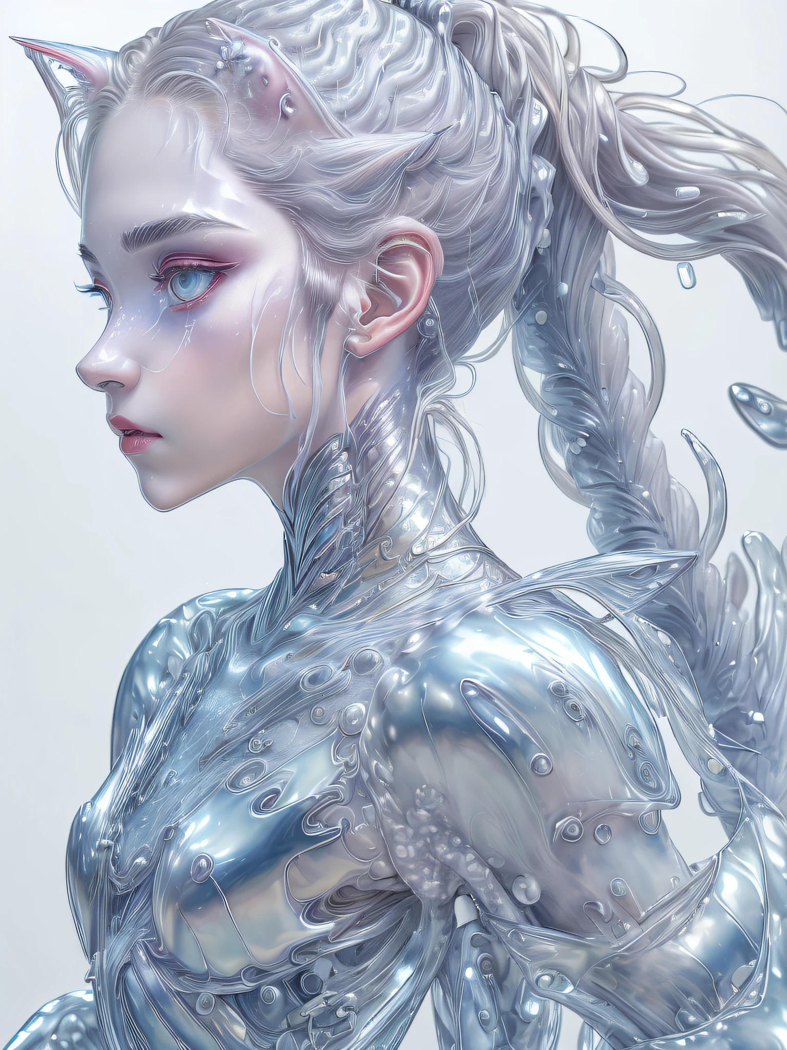 Super detailed abstract photo of cute pale draconian WaterAI girl in full body pose、Dragon and girl mix、Half Dragon、Silver ponytail with strand hair、(​masterpiece)、Realistic and beautiful face、Cinematic light、(Beautiful silver cat eyes:1.3)、perfect anatomia、Dragon's horn、
Moonlight in the night sky、starryskybackground、
Fine detailed silver crescent glasses、pointy ear、cowboy  shot、medium chest、(silvery scaly skin:1.3)、red-lips、Purple eyeshadow、
hyper detailed painting、luminism、4K resolution、
Soft lighting、Photographic realism、
3d rendered、octane renderings、