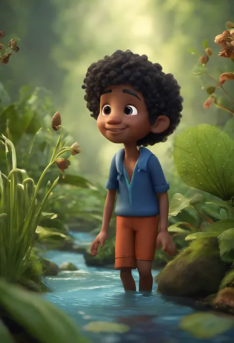 BOY, BLACK, CURLY HAIR, BLUE CLOTHES, CHEERFUL, CROSSING A CREEK, FOREST SCENERY OF CARNIVORAS PLANT, 3D ANIMATION