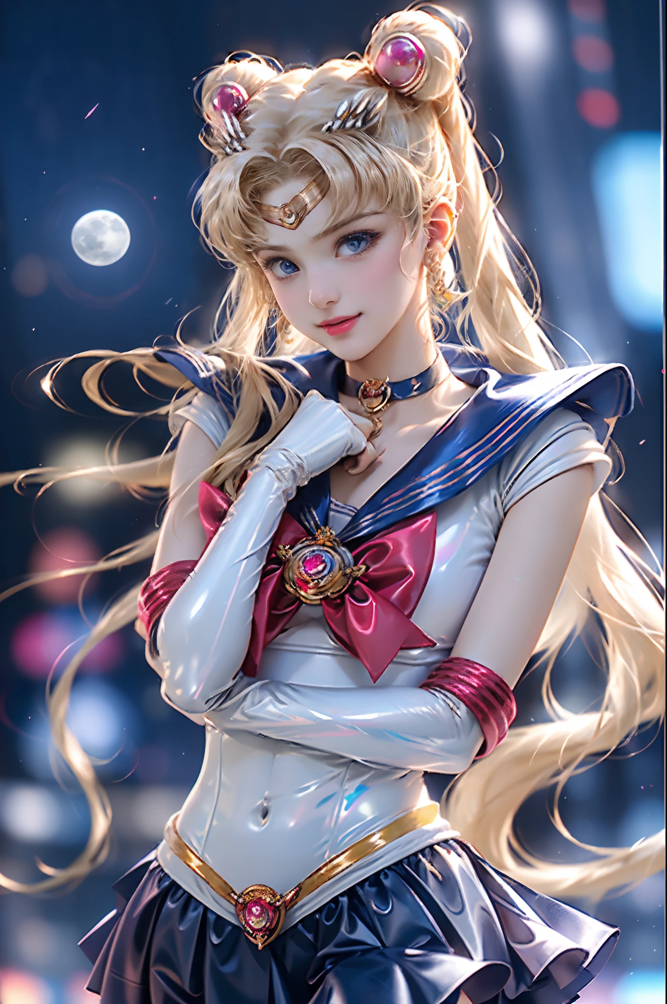 Masterpiece, Full: 1.3, Stand, 8K, 3D, Realistic, Ultra Micro Shooting, Top Quality, Extreme Detail CG Unity 8K Wallpaper, from below, intricate details, (1 female), 18 years old, (Sailor Moon supersailormoon mer1, Tiara, Sailor Senshi Uniform Sailor: 1.2, Sailor Moon: 1.2), Impossibly long bright twin-tailed blonde, thin and very long straight twin-tailed blonde, hair bun, red round hair ornament in a hair bun, Sailor Senshi uniform, (blue collar, blue sailor collar, blue pre-gate mini skirt: 1.3, very large red bow on the chest: 1.3, long white latex gloves: 1.3, red gloves on the elbows, Very large red bow behind the waist: 1.1, cleavage is looking large, golden tiara, earrings), (face details: 1.5, bright blue eyes, beautiful face, beautiful eyes, shiny eyes, thin lips: 1.5, thin and sharp pale eyebrows, long dark eyelashes, double eyelashes), luxurious golden jewelry, thin, thin and muscular, small face, big breasts, perfect proportions, Thin waist, sexy model pose, visible pores, seductive smile, perfect hands: 1.5, high-leg swimsuit, very thin and fit high-gloss white holographic leather, octane rendering, very dramatic image, strong natural light, sunlight, exquisite lighting and shadow, dynamic angle, DSLR, sharp focus: 1.0, Maximum clarity and sharpness, (space background,moon, dynamic background, detailed background),(aausagi, double bun, twintails, parted bangs, circlet, jewelry, earrings, choker, red bow, white gloves, elbow gloves, blue skirt
),kda