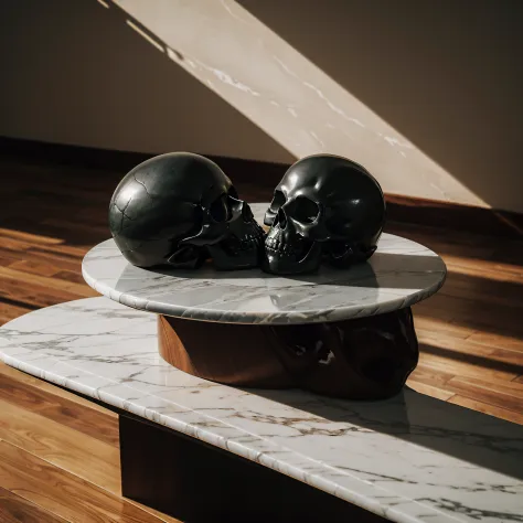 (extremadamente detallado, obra maestra, La mejor calidad, 4k), Estilo oscuro, volumetric illumination. Inflatable soft rubber skull on a marble table. Rococo composition.