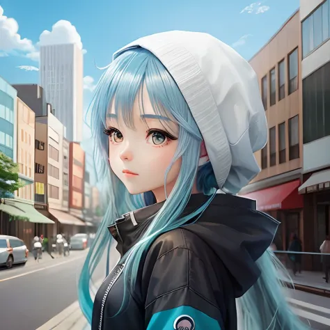 Anime girl blue hair city long hair