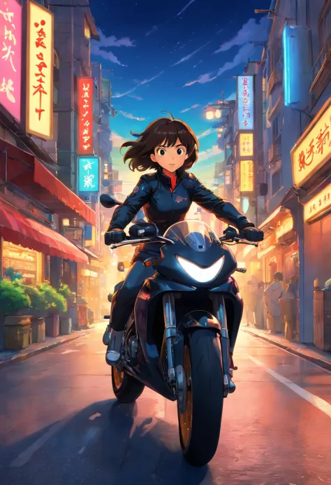 (high quality,realistic,masterpiece:1.2) A girl on a motorcycle, vibrant colors, intense shadows, motorbike racing suit, shiny black leather jacket, windblown hair, detailed eyes, determined expression, roaring engine sounds, blurred city lights, nighttime...