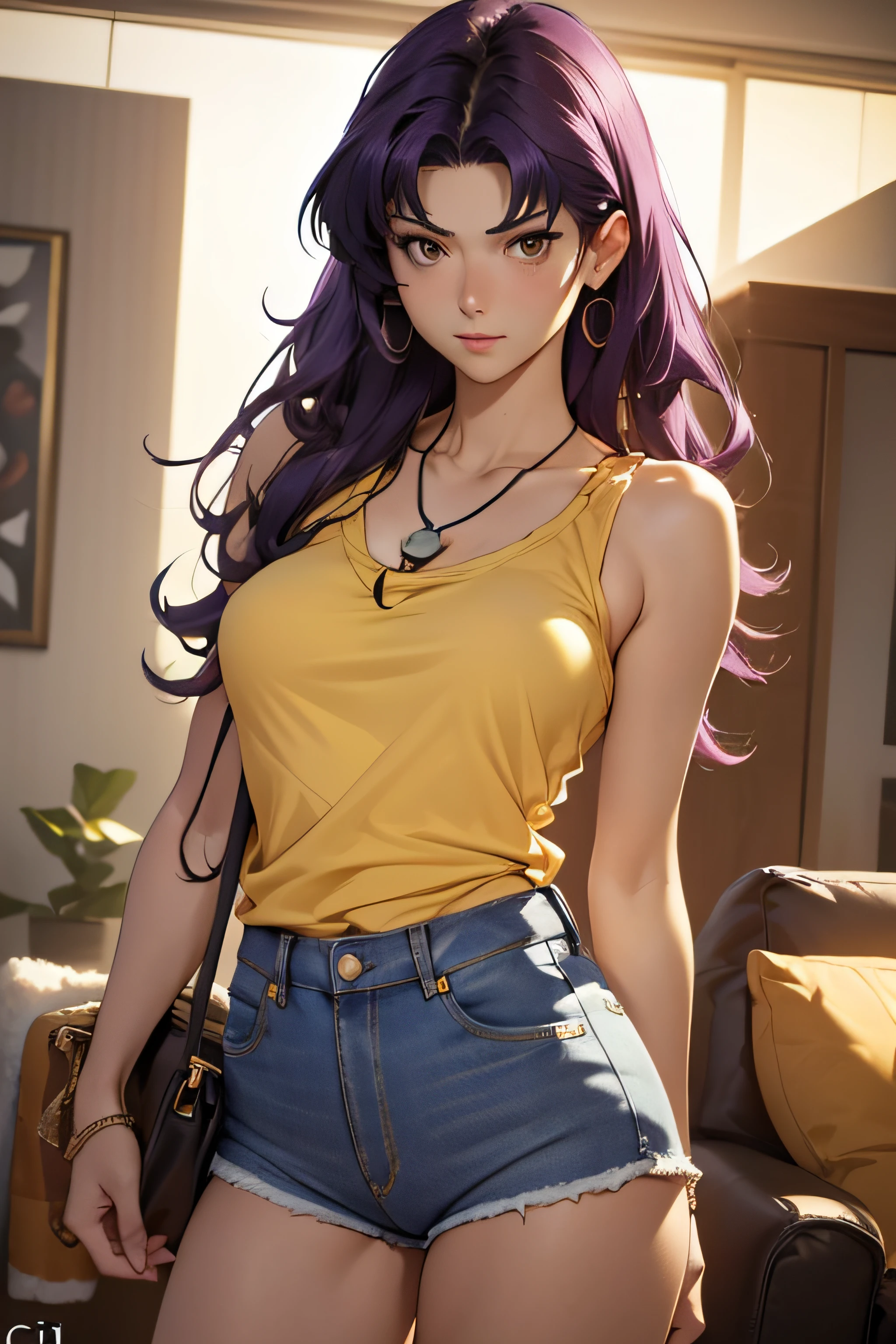 1woman, attire: tank top, (((yellow top))), (((jeans shorts))), black eyes, purple hair, medium hair, make up, necklace, tall, slim body, MisatoKatsuragi (NGE), (((MisatoKatsuragi))), indoors, living room, (((front view))), looking at viewer, nice thighs, perfectly detailed face, perfectly detailed hands and fingers, masterpiece 1.1, trending on artstation, pixiv quality, (((art by cjin))), intricately detailed, ultra graphics, sfw version, (((milf 1.1))),