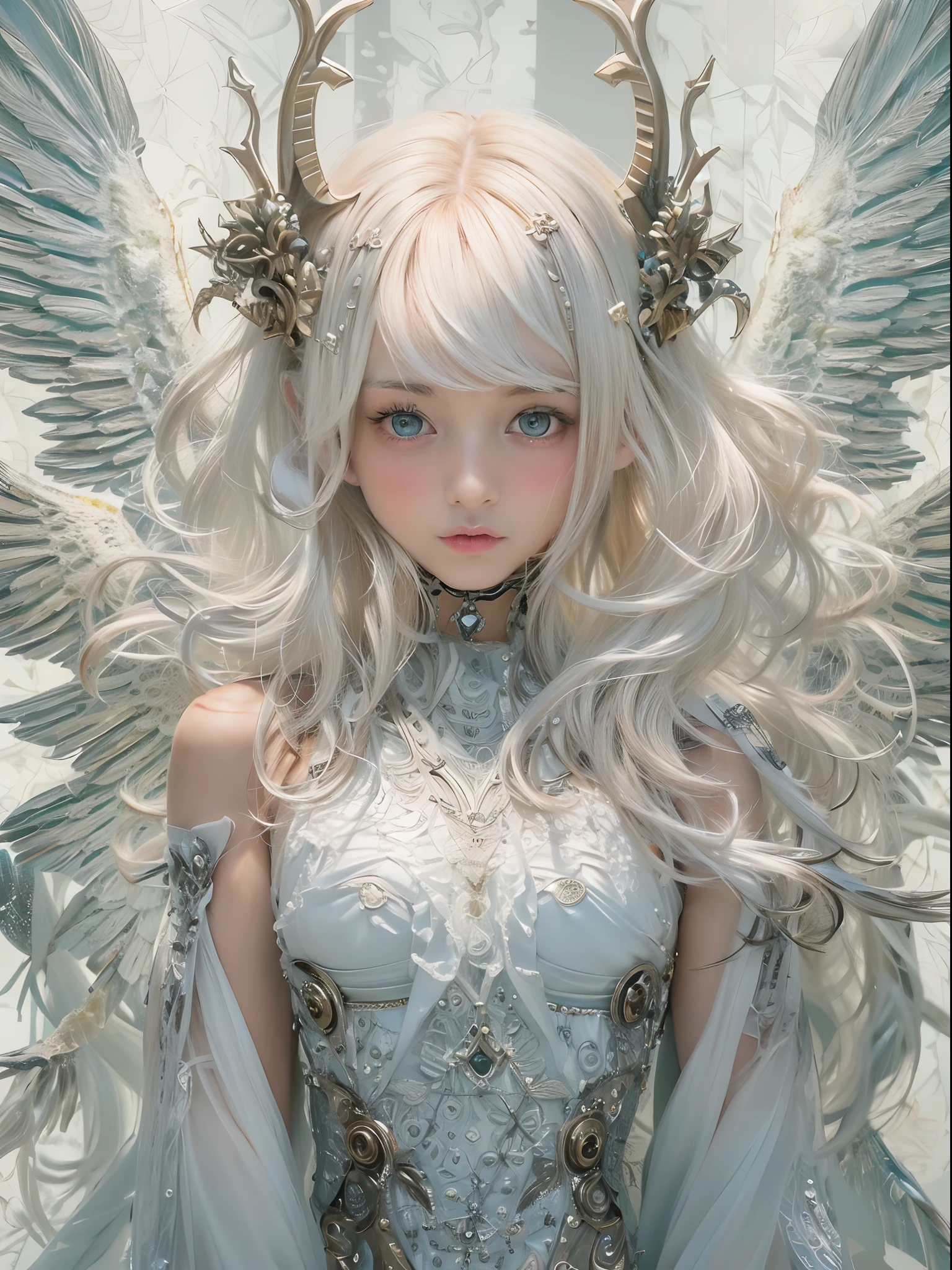 va girl like doll with angel wings, archangel, elf ear, facing the front, nearly naked, thin body, skinny, small breasts, tiny tits, princess crown, dragon horn, looking up at camera, (no hands),(Highest quality authentic textured skin),(abyssal),(Fine, Round, Symmetrical eyes),Delicate facial features,(Burning bright and cold eyes), very slim and thin body, naked, nude, (She has a mischievous smile on her face),(Her face is gentle and beautiful),Glass earrings on the ears,,(Blonde hair),(silvery white hair),(Dramatic photo:1.4),(dramatic pose),(flamboyant photo), upturned eyes, upward glance, A messy painting，(Hair flows in air:2.0),(Vortices and tidal currents in the background),(Dramaticlight),(Magnificent scene),(Surrounded by beautiful feathers),Epic realism,Cinematic feeling,(high-density imaging review:1.5),(Soft color:1.2),Ultra detailed,Dramaticlight,(intricately details:1.1), complex background, sparkle background, fractal background,(mighty fangs:1.5)