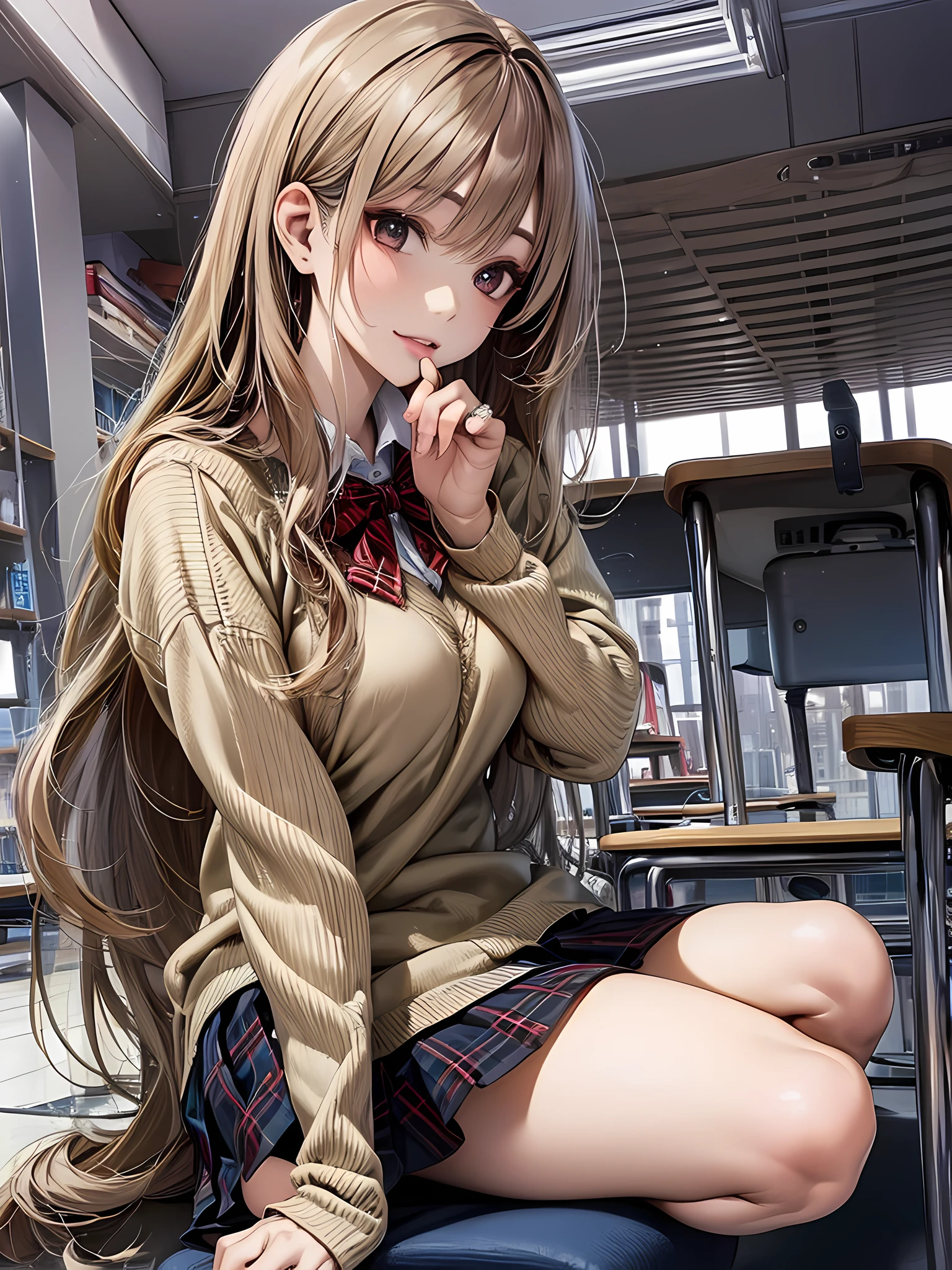 (Best Quality:1.2), (Beautiful detailed:1.2), (Detailed eyes and skin), (detailed facial features), nffsw, Perfect Style, Beautiful face, Anatomically correct, Highly detailed face and skin texture, Glossy skin, nanashi_yuzuriha, BREAK (1girl:1.3),(solo), (sitting:1.3), (Girl chatting with friends in classroom:1.2), Perfect Eyes, Symmetry Eyes, (dramatic makeup: 1.3), (Heavy makeup: 1.3), (dark brown eyes:1.2) (tuck-out sweater,sweater pull:1.3), (School Uniforms:1.2), (wear a beige knit-sweater over a white shirt:1.2), (red bow:1.3), (plaid pattern pleated skirt:1.2), (perfect hand:1.2), (mall hand:1.2), Beautiful thighs, very detailed thighs, BREAK (full body:1.5), Fantastic classroom atmosphere, lively, ultra detailed background,