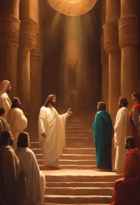 Draw Jesus Christ, a boy, along with his 12 friends (Disciples behind him inside the temple.