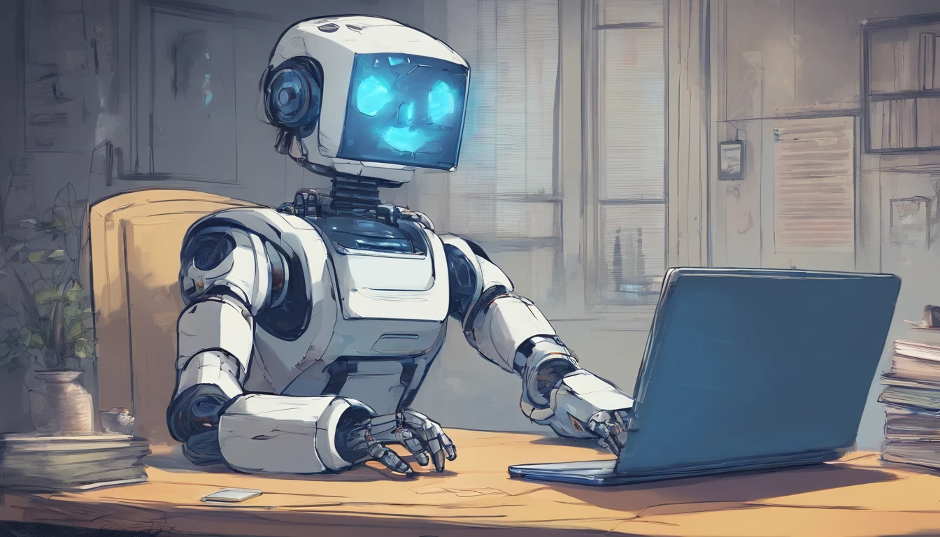 Robot with blue lights on the computer with a laptop on it, in the style of bill gekas, cute and dreamy, 32k uhd, website, grid, goro fujita, molecular