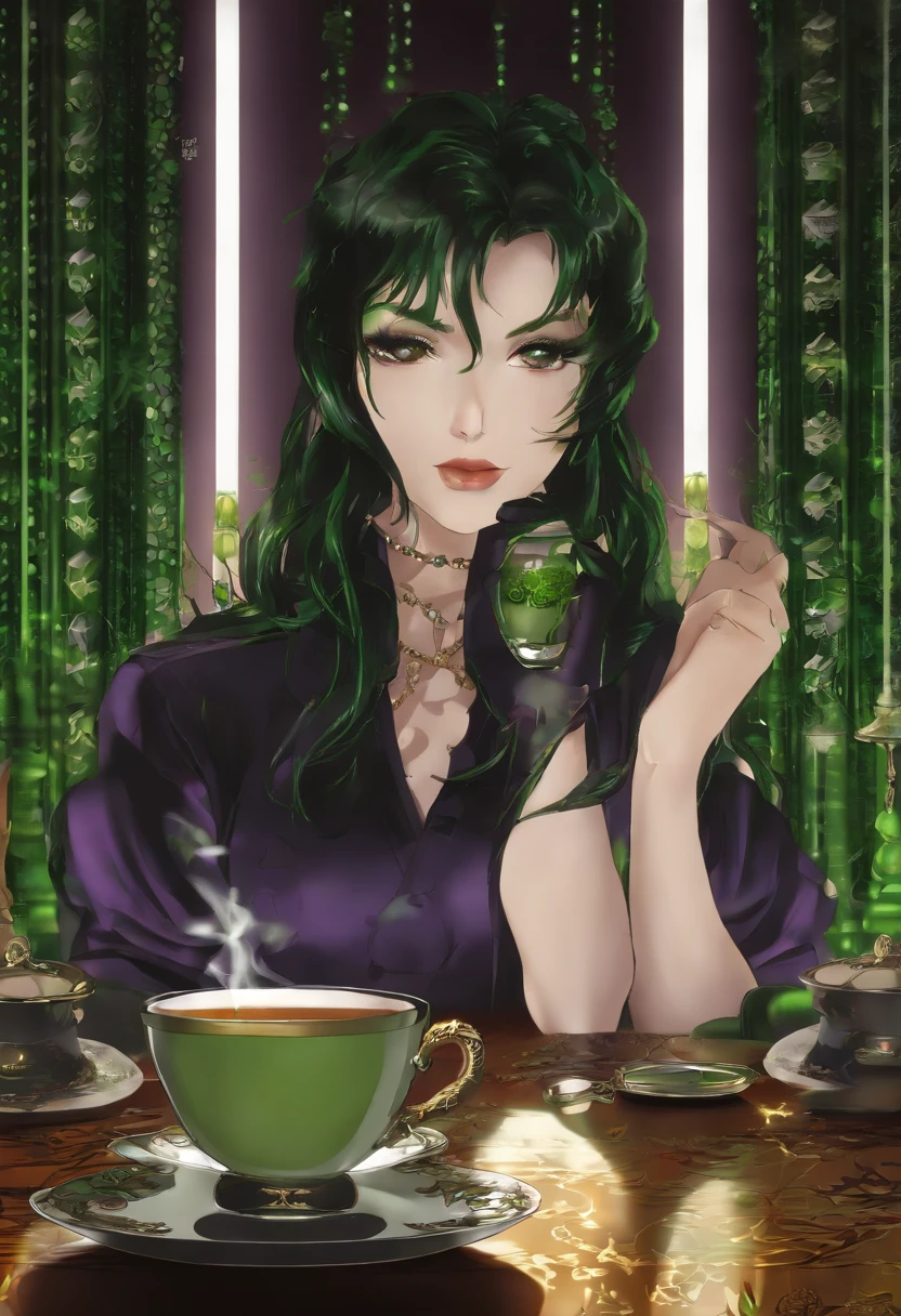 Anime girl with green hair and green eyes holding a cup of coffee - SeaArt  AI