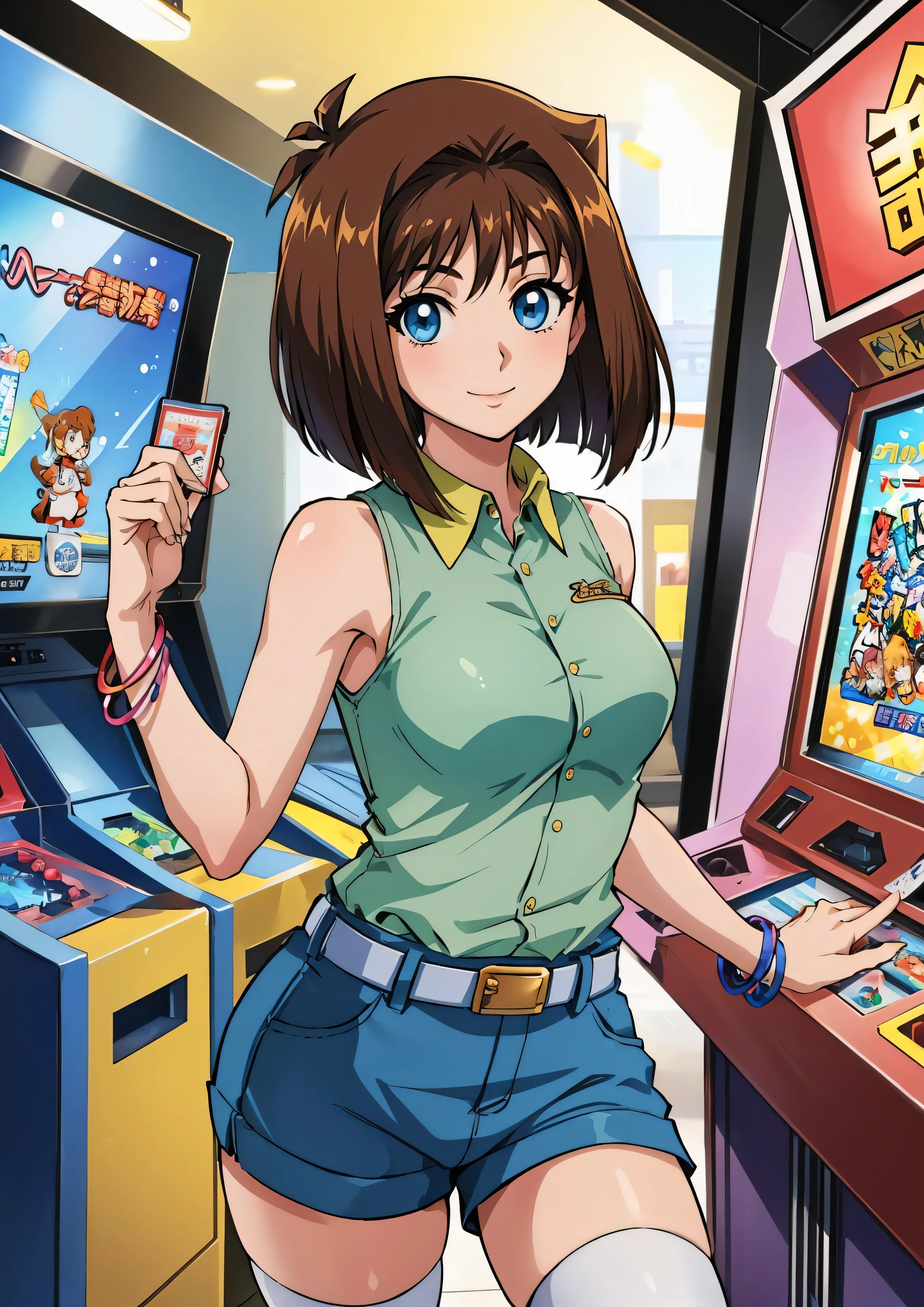 aamazaki, (antenna hair:1.2), medium breasts, green shirt, sleeveless, bracelet, belt, blue shorts, white thighhighs
beautiful, masterpiece, best quality, arcade, looking at viewer, smile, playing crane game