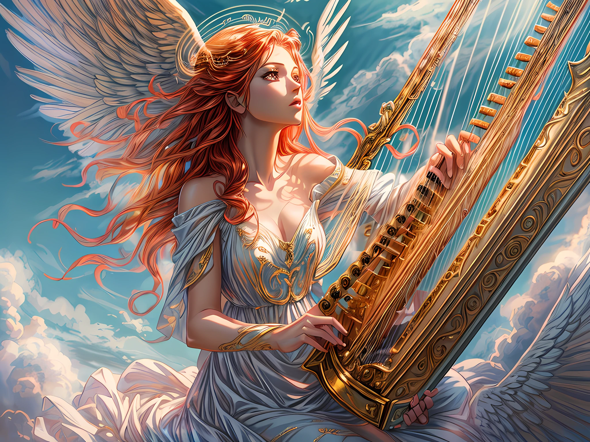a picture of a female angel playing the (harp: 1.5) in heavens, a beautiful female angel, full body shot, ultra detailed face, ultra feminine, angel_wings spread angelic wings, red hair, wavy hair, dynamic eyes color, dynamic divine clothing, atmosphere of serenity, divine atmosphere playing the pipe organ in heaven, clear blue sky and heaven clouds background, divine rays,  fantasy art, RPG art, best details, best quality, 16K, [ultra detailed], masterpiece, best quality, (ultra detailed), full body, ultra wide shot, photorealistic