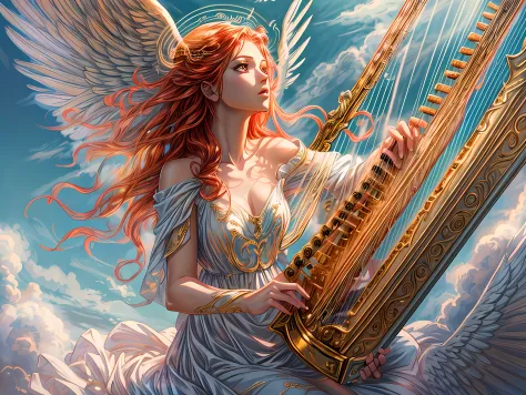 a picture of a female angel playing the (harp: 1.5) in heavens, a beautiful female angel, full body shot, ultra detailed face, u...