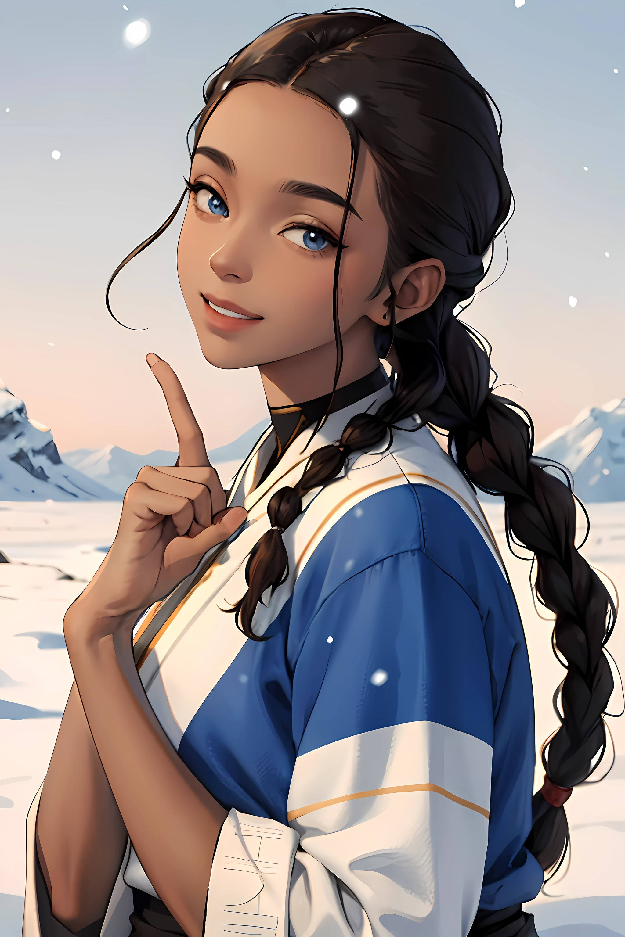 (masterpiece:1.2, best quality), (real picture, intricate details), 1lady, solo, upper body, casual, long hair, minimal makeup, natural fabrics, close-up face, smile, home, snowy, snowing settings, cold, long brown hair, hair in braids, blue eyes, Katara (Avatar the Last Airbender), dark skin, tan skin, brown skin, light black skin, (tan skin colour), blue clothing, blue clothes