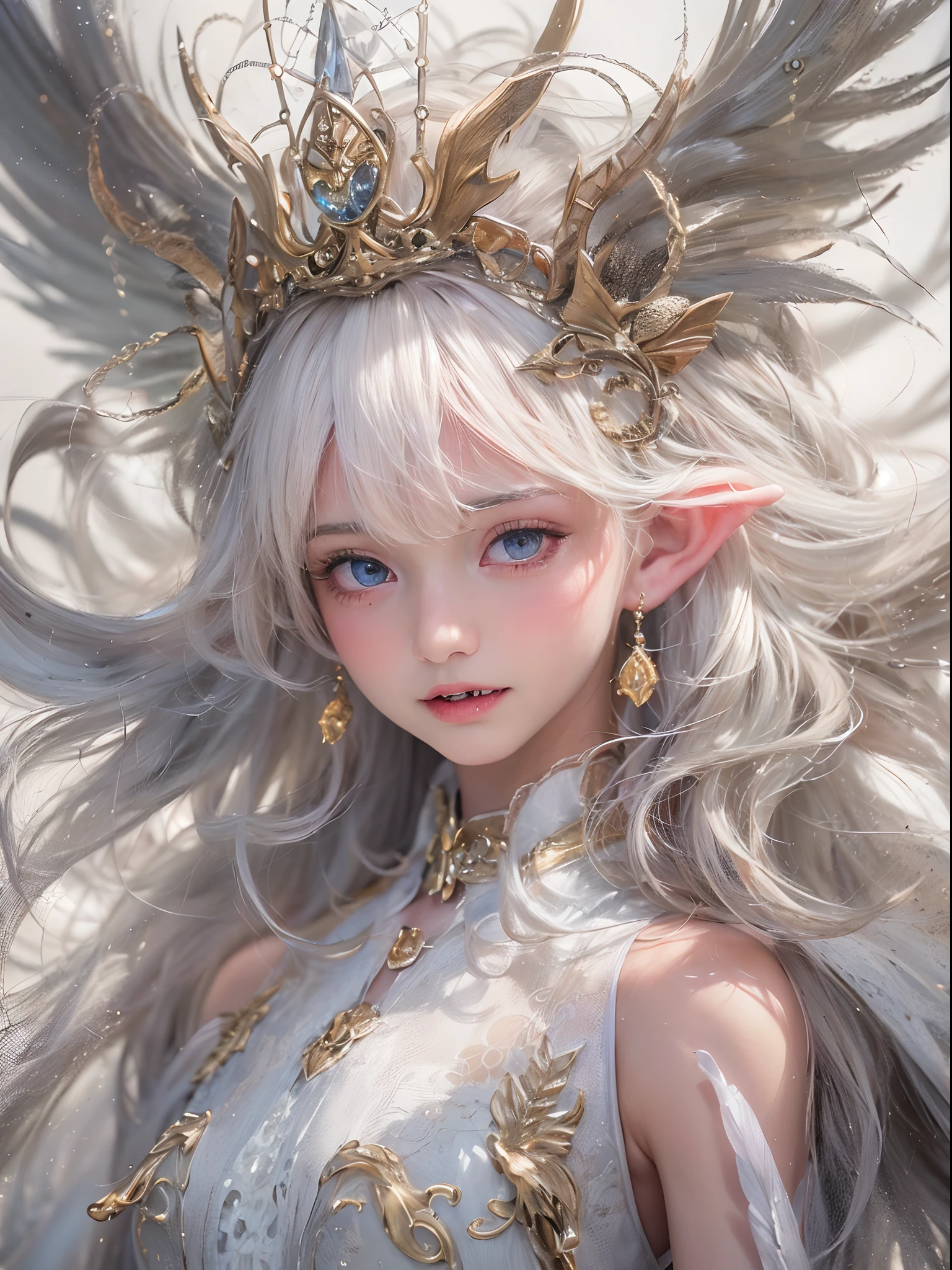 va girl like doll with angel wings, archangel, elf ear, facing the front, nearly naked, thin body, skinny, small breasts, tiny tits, princess crown, dragon horn, looking up at camera, (no hands),(Highest quality authentic textured skin),(abyssal),(Fine, Round, Symmetrical eyes),Delicate facial features,(Burning bright and cold eyes), very slim and thin body, naked, nude, (She has a mischievous smile on her face),(Her face is gentle and beautiful),Glass earrings on the ears,,(Blonde hair),(silvery white hair),(Dramatic photo:1.4),(dramatic pose),(flamboyant photo), upturned eyes, upward glance, A messy painting，(Hair flows in air:2.0),(Vortices and tidal currents in the background),(Dramaticlight),(Magnificent scene),(Surrounded by beautiful feathers),Epic realism,Cinematic feeling,(high-density imaging review:1.5),(Soft color:1.2),Ultra detailed,Dramaticlight,(intricately details:1.1), complex background, sparkle background, fractal background,(mighty fangs:1.5)