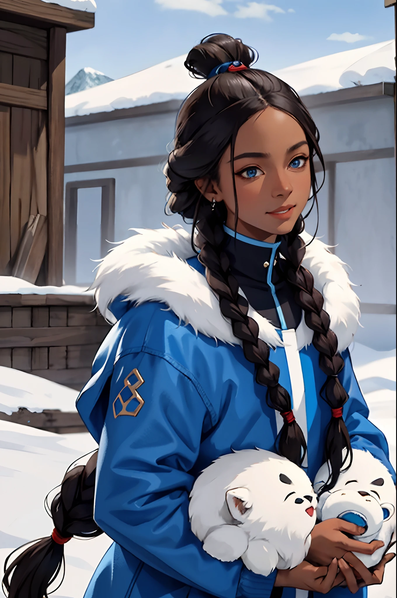 (masterpiece:1.2, best quality), (real picture, intricate details), 1lady, solo, upper body, casual, long hair, minimal makeup, natural fabrics, close-up face, smile, cold, snow, beautiful woman, long dark brown hair, long braids, two long braids, tan skin, Inuit, Inuit clothing, blue Inuit clothing, blue jacket with fur, white furz blue Inuit clothing with fur, waterbender, blue eyes, tan skin, dark skin, (dark skin), Katara (Avatar the Last Airbender)