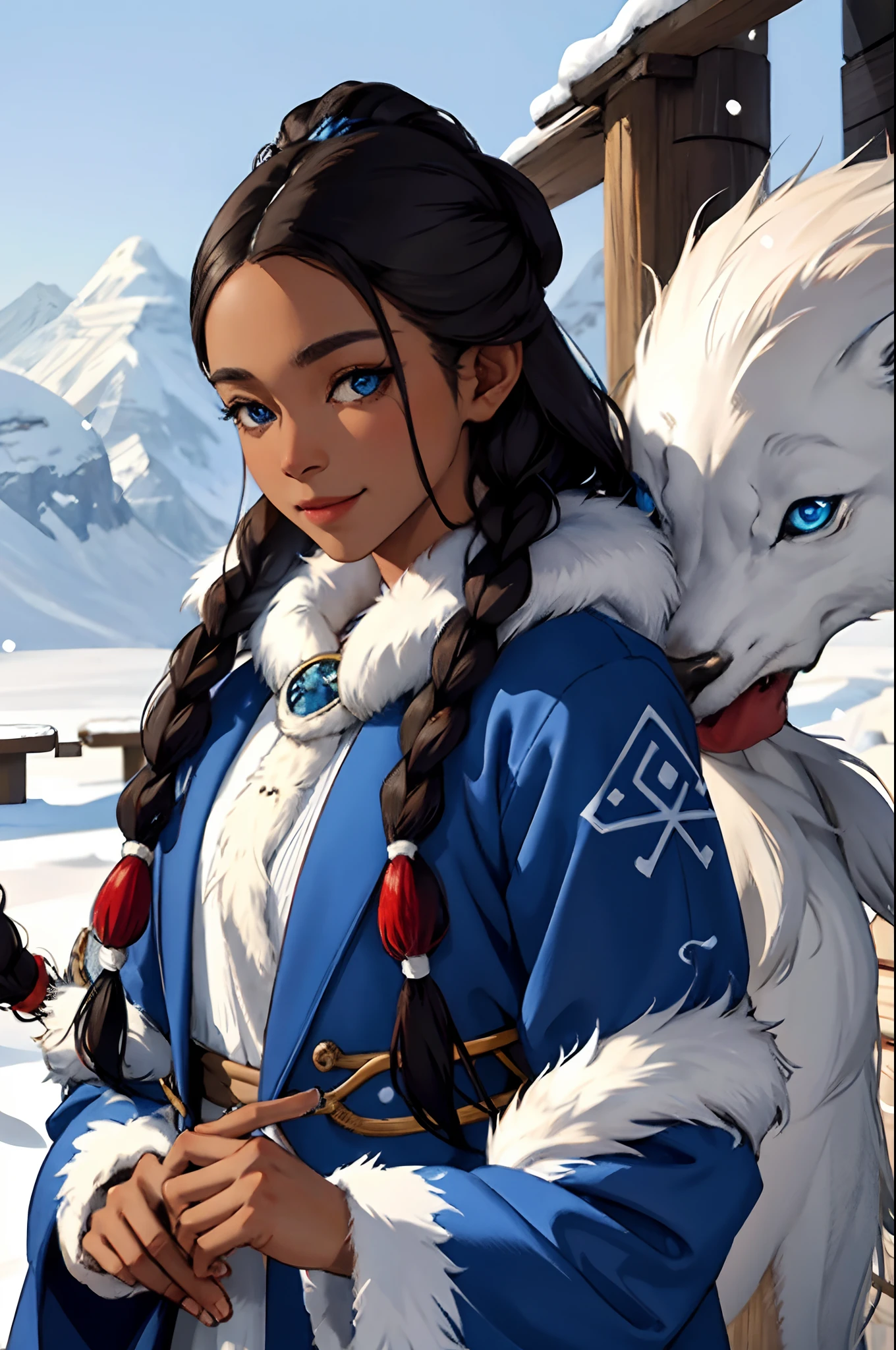 (masterpiece:1.2, best quality), (real picture, intricate details), 1lady, solo, upper body, casual, long hair, minimal makeup, natural fabrics, close-up face, smile, cold, snow, beautiful woman, long dark brown hair, long braids, two long braids, tan skin, Inuit, Inuit clothing, blue Inuit clothing, blue jacket with fur, white furz blue Inuit clothing with fur, waterbender, blue eyes, tan skin, dark skin, (dark skin), Katara (Avatar the Last Airbender)