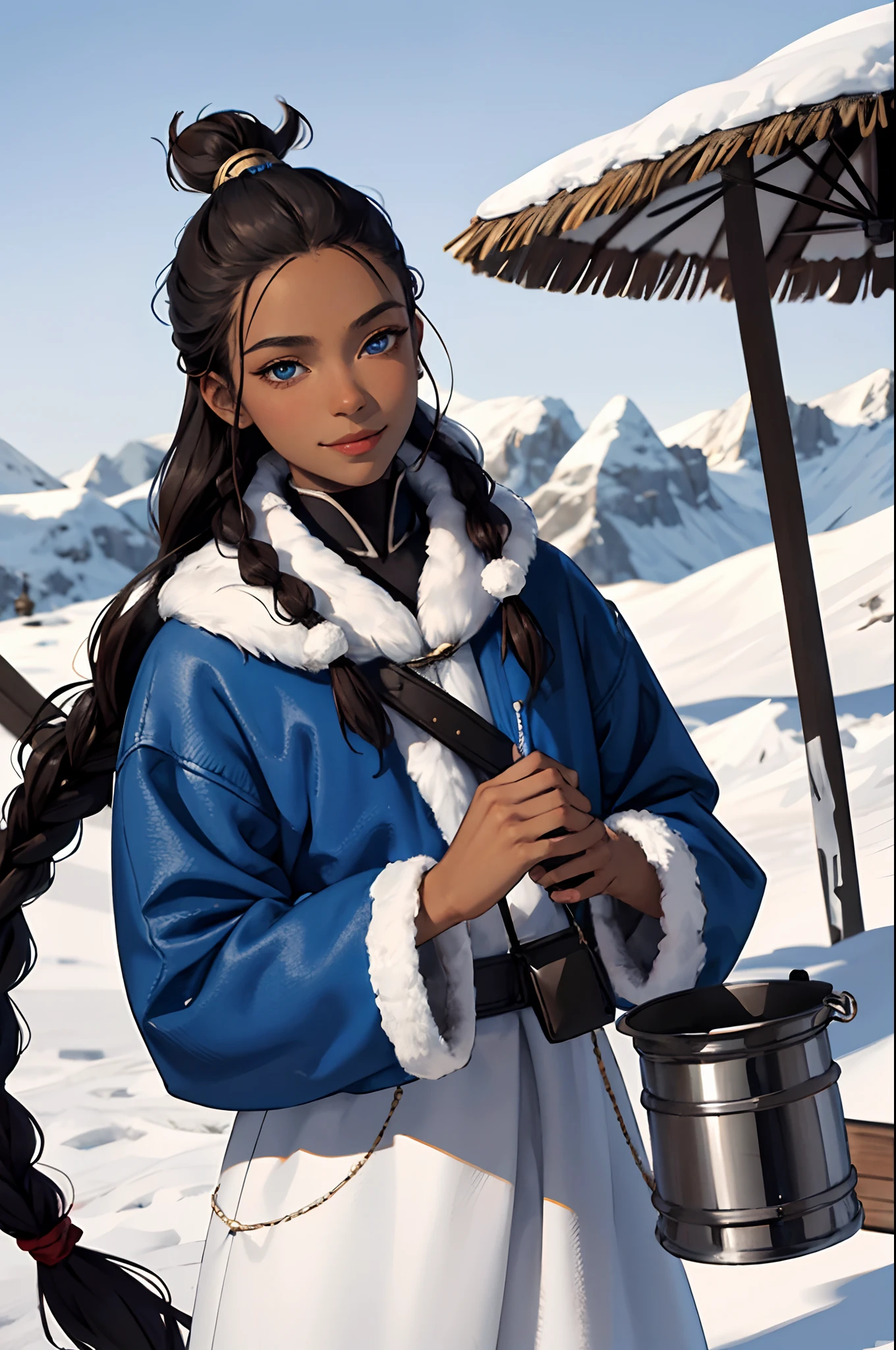 (masterpiece:1.2, best quality), (real picture, intricate details), 1lady, solo, upper body, casual, long hair, minimal makeup, natural fabrics, close-up face, smile, cold, snow, beautiful woman, long dark brown hair, long braids, two long braids, tan skin, Inuit, Inuit clothing, blue Inuit clothing, blue jacket with fur, white furz blue Inuit clothing with fur, waterbender, blue eyes, tan skin, dark skin, (dark skin), Katara (Avatar the Last Airbender)