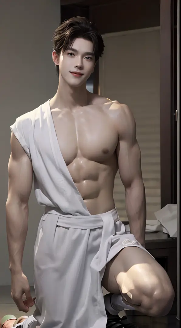(((Best quality))),(((Ultra detailed))),(((Masterpiece)))，（Cute tall Shota：2），The height of a volleyball player，Titan muscles，Bodybuilding champion，solo person，（full bodyesbian：3），（Stay away from the lens：3），Expose your legs，（revealing the whole body：2），（F...