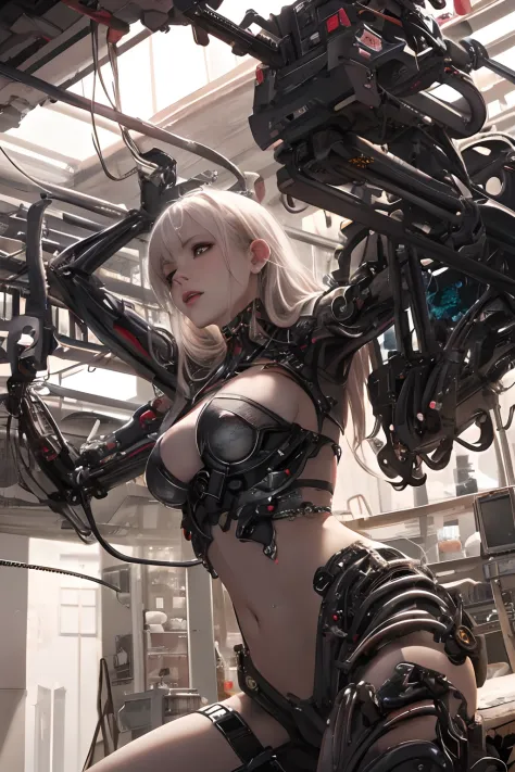 Beautiful Alluring delicate mechanical synth female, Metal Chrome Bare Skin, Athletic Well Toned Body, exposed mechanichal ribs, mechanical joints, mechanical limbs, wires instead of hair, In Modern Laboratory, laying in a repair table, character focus, Ba...