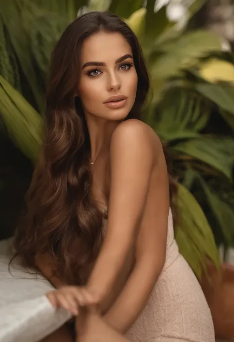 A woman with long brown hair sitting on a ledge next to a plant - SeaArt AI