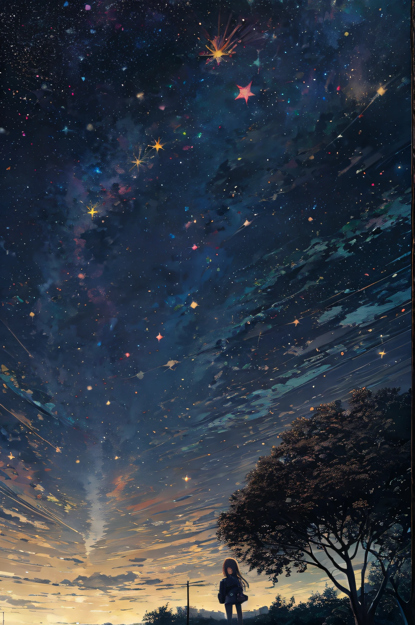 octanos, cielo, estrella (cielo), paisaje, cielo estrellado, noche, Una niña mirando en el cielo nocturno, solo, al aire libre, Edificio, nube, vías lácteas, sentado, árbol, pelo largo, ciudad, silueta, paisaje urbana
