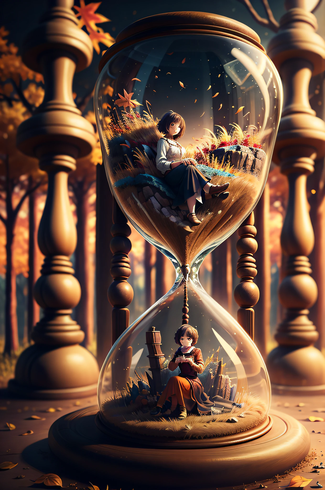 1 girl, full body, cute, landscape, nature, nature background, (Hourglass), masterpiece, high detailed, high quality,  masterpiece,ultra realistic,32k,extremely detailed CG unity 8k wallpaper, best quality,(autumn day ),lady ,necklace ,eardrop, Grand Canyon, United States, ( Brown Wear a midi-length skirt with a tucked-in blouse ) , light brown hair hair short hair ,