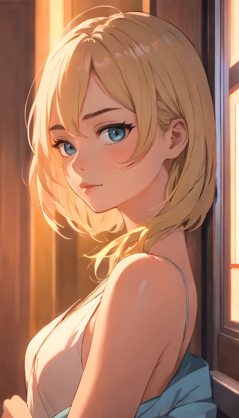 A woman with blonde hair and blue eyes looking out a window - SeaArt AI