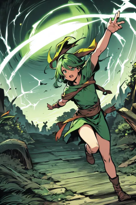 Bandit Girl、Green costume、Running in nature、Green lightning