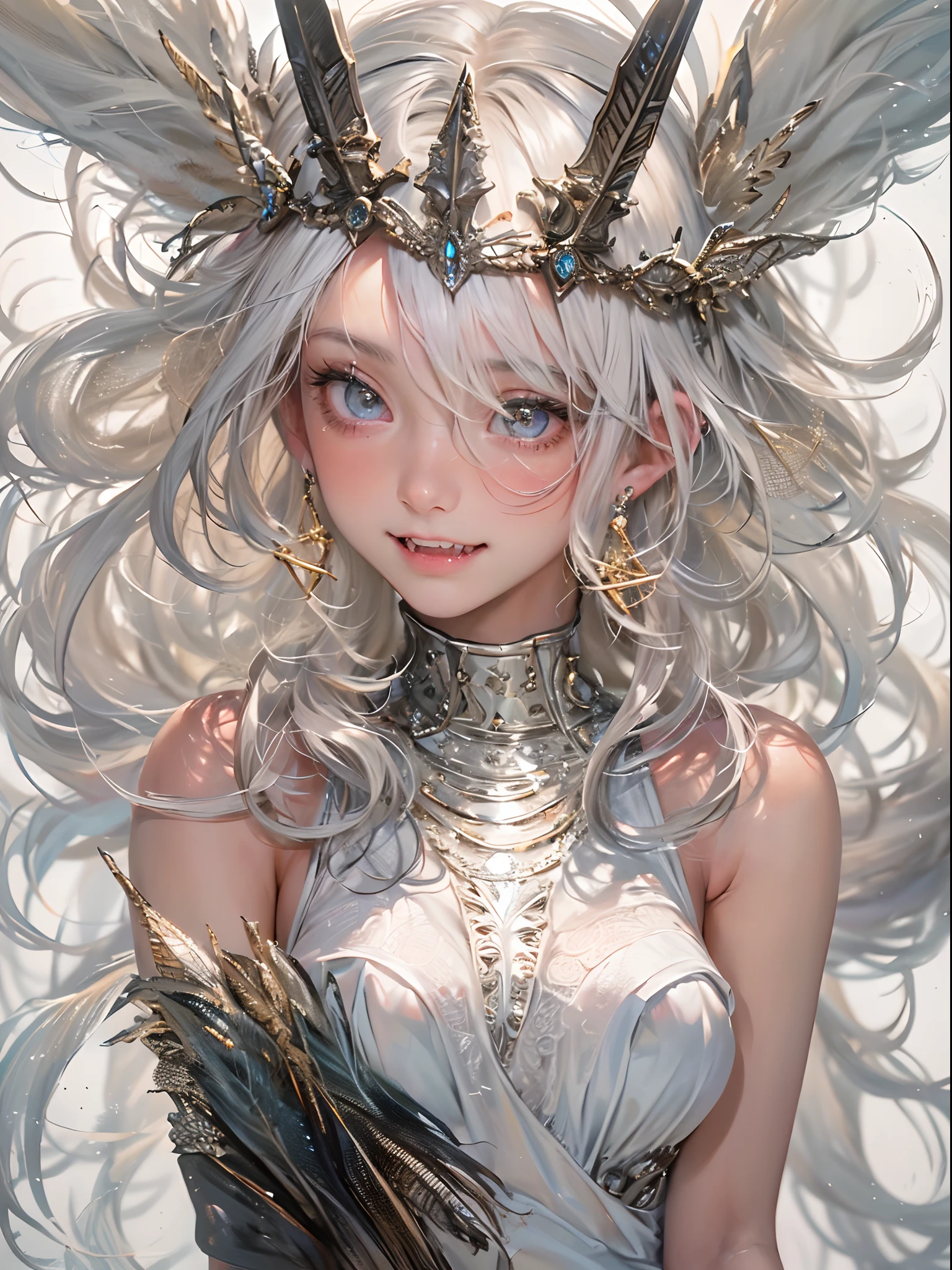 a girl like doll with angel wings, archangel, elf ear, facing the front, nearly naked, thin body, skinny, small breasts, tiny , princess crown, dragon horn, looking up at camera, (no hands),(Highest quality authentic textured skin),(abyssal),(Fine, Round, Symmetrical eyes),Delicate facial features,(Burning bright and cold eyes), very slim and thin body, naked, nude, (She has a mischievous smile on her face),(Her face is gentle and beautiful),Glass earrings on the ears,,(Blonde hair),(silvery white hair),(Dramatic photo:1.4),(dramatic pose),(flamboyant photo), upturned eyes, upward glance, A messy painting，(Hair flows in air:2.0),(Vortices and tidal currents in the background),(Dramaticlight),(Magnificent scene),(Surrounded by beautiful feathers),Epic realism,Cinematic feeling,(high-density imaging review:1.5),(Soft color:1.2),Ultra detailed,Dramaticlight,(intricately details:1.1), complex background, sparkle background, fractal background,(mighty fangs:1.5)