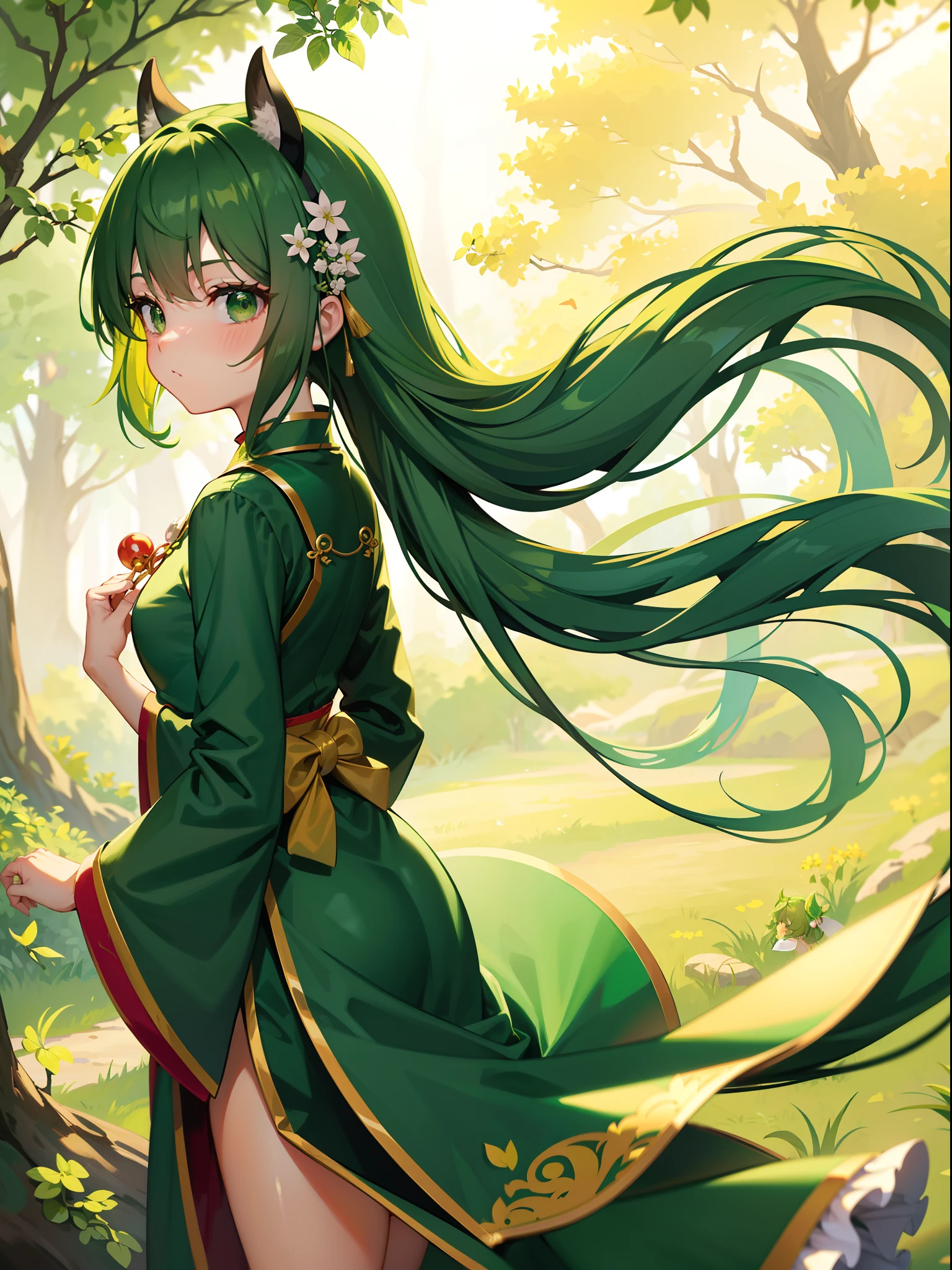 Forest green background，kawaii，A little girl back，Long green hair，curlies，Wearing a green cheongsam，Fashion，wind blowing leaves，rays of sunshine，8K vision，frontage，Hanfu，green color，Dragon's horn，Gold vintage color scheme，Clover accessories，Dragon tail