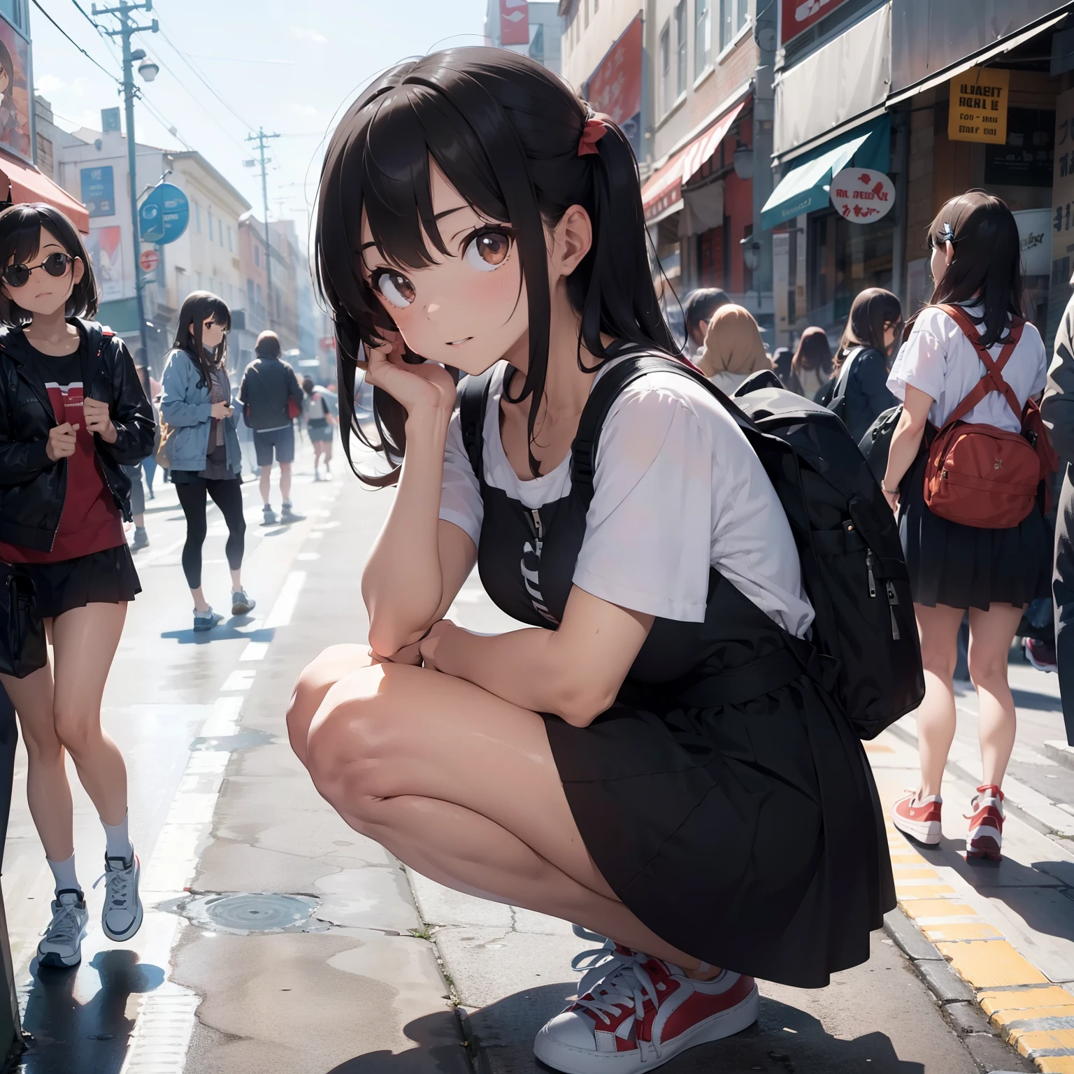 masterpiece, best quality,1girl,young girl,brown eyes,long hair,scary _face,shiny skin,(nice leg line:1.3),thin waist,huge breasts,
BREAK
Skater dress, sneakers, backpack, sunglasses, and hair tie
BREAK
around crowd:1.1,depth of field,looking at viewer,squatting,from side,upper body