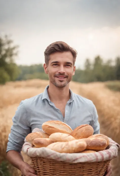 Baker Man Holding Some Bread In Basket Presenting Something Seaart Ai