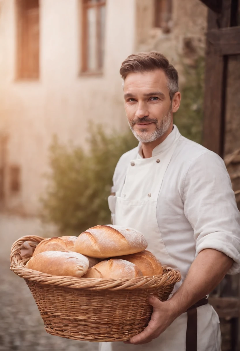 Baker man holding some bread in basket presenting something