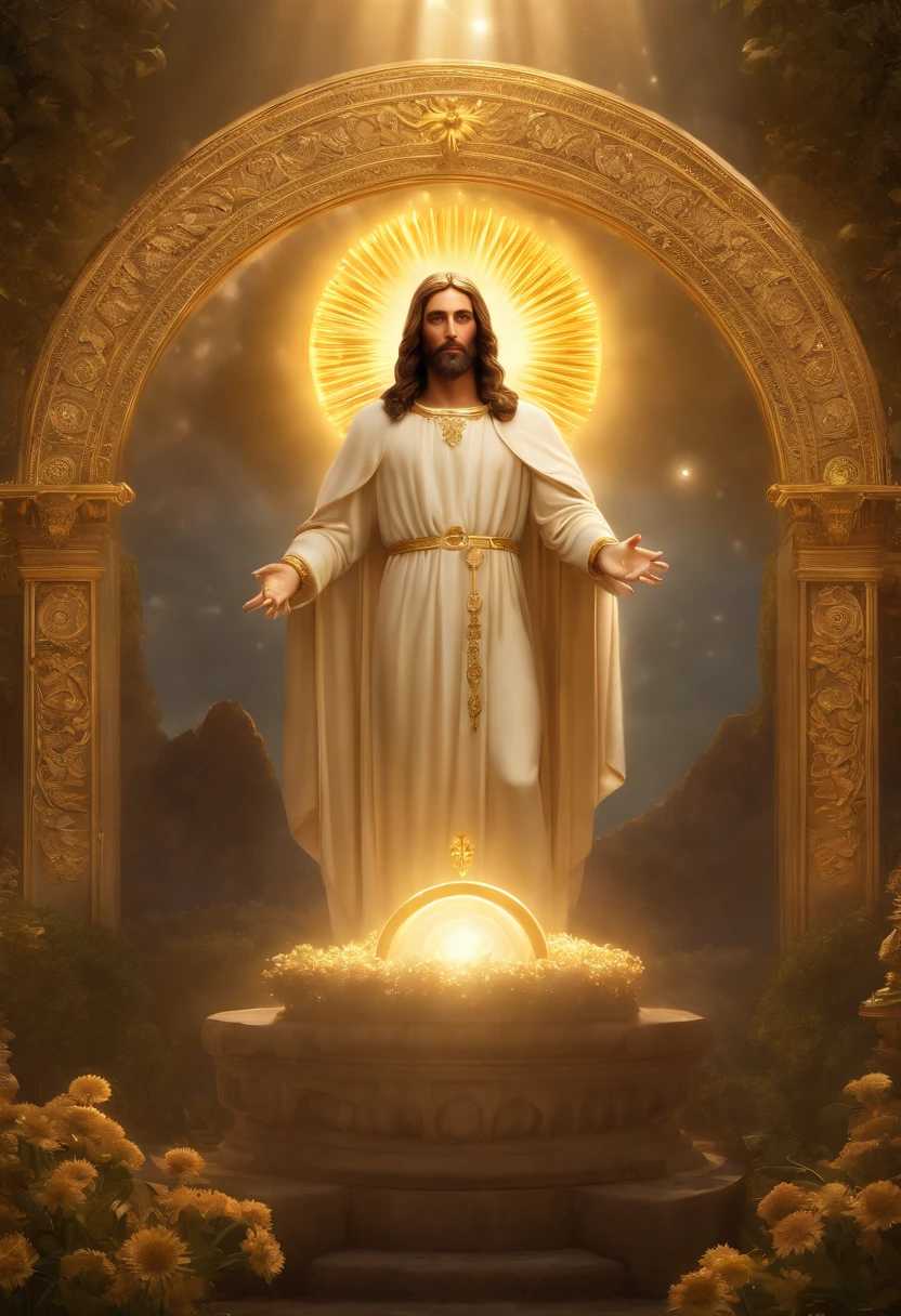 highly detailed portrait of a jesus christ sun god halo of light, gold, unreal engine, art by mark ryden, lostfish, earl norem, global illumination, god rays, detailed and intricate environment, elden ring style