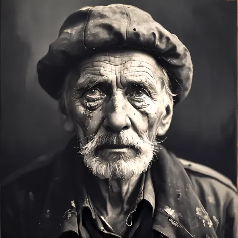 A portrait of poor russian 1800 old worker in rags, ((overwhelming fatigue )), wrinkles of age, concept art, oil pastel painting...