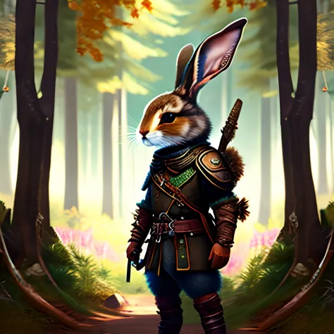 a bunny archer dressed with a leather harness, in forest, highly detailed,  digital art, 4k, trending on art station
