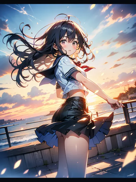 in 8K、top-quality、​masterpiece、ultra-detailliert、Ultra-high resolution、(((Anime style)))、1 High School Girl、校服、School route、heavy wind、Check skirt、Skirt flipping in the wind、Slouched、Skirt suppression、Impatient、low angles