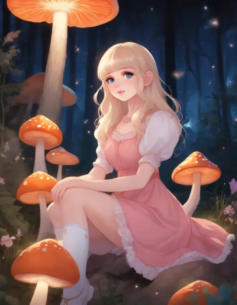 Light blonde-haired anime girl with pale blue purple eyes in a pink dress with puffed sleeves and white knee-length boots sitting in the woods next to an orange mushroom surrounded by fireflies under the starry sky sitting