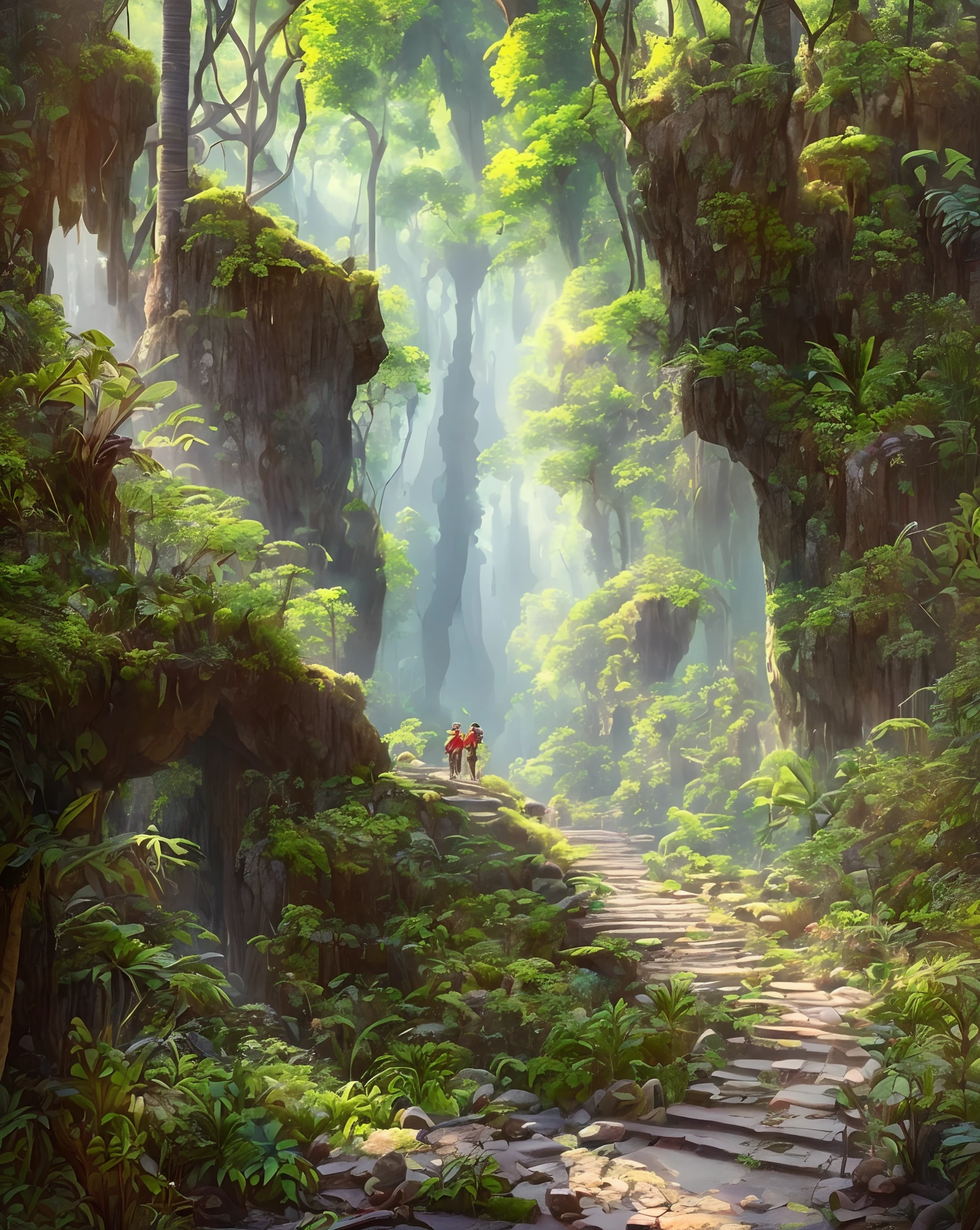 a vivid scene depicting a fearless explorer deep within an ancient, overgrown jungle. As they push through the dense foliage, shafts of sunlight pierce the canopy, casting a dappled glow on the lush greenery. Have the explorer stumble upon a forgotten, moss-covered temple partially hidden by massive tree roots. Inside the temple, mysterious artifacts and hieroglyphs tell the story of a lost civilization. Surround the scene with the distant calls of exotic creatures and the buzz of unseen insects. Capture the explorer's awe and determination as they uncover the secrets of this hidden world, marking a pivotal moment in their expedition. --auto --s2