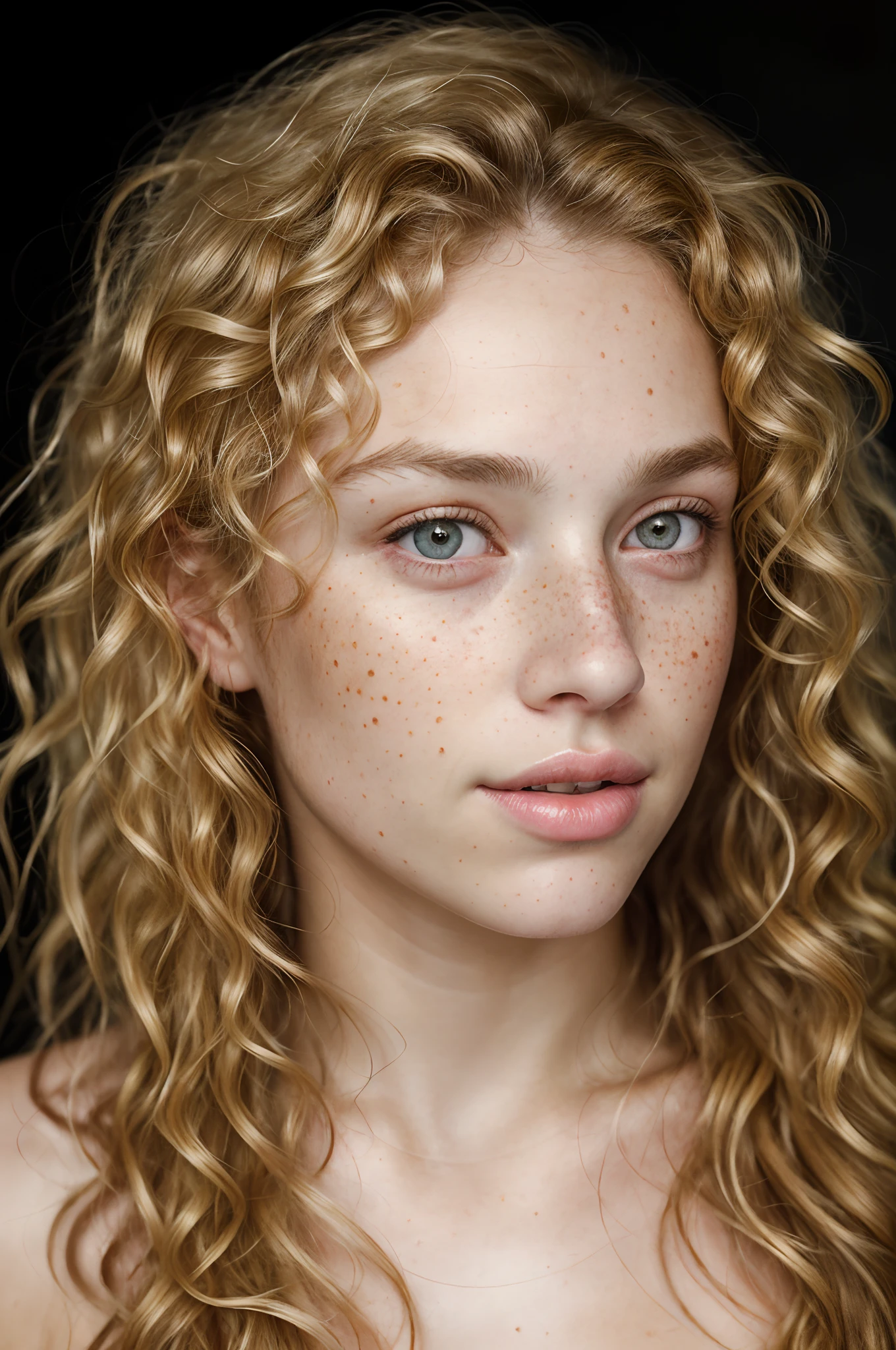 a photo portrait of a beautiful girl with curls and lots of freckles, (dirty blonde hair), (face portrait:1.5), dramatic light , Rembrandt lighting scheme, (hyperrealism:1.2), (8K UHD:1.2), (photorealistic:1.2), shot with Canon EOS 5D Mark IV, detailed face, detailed hair