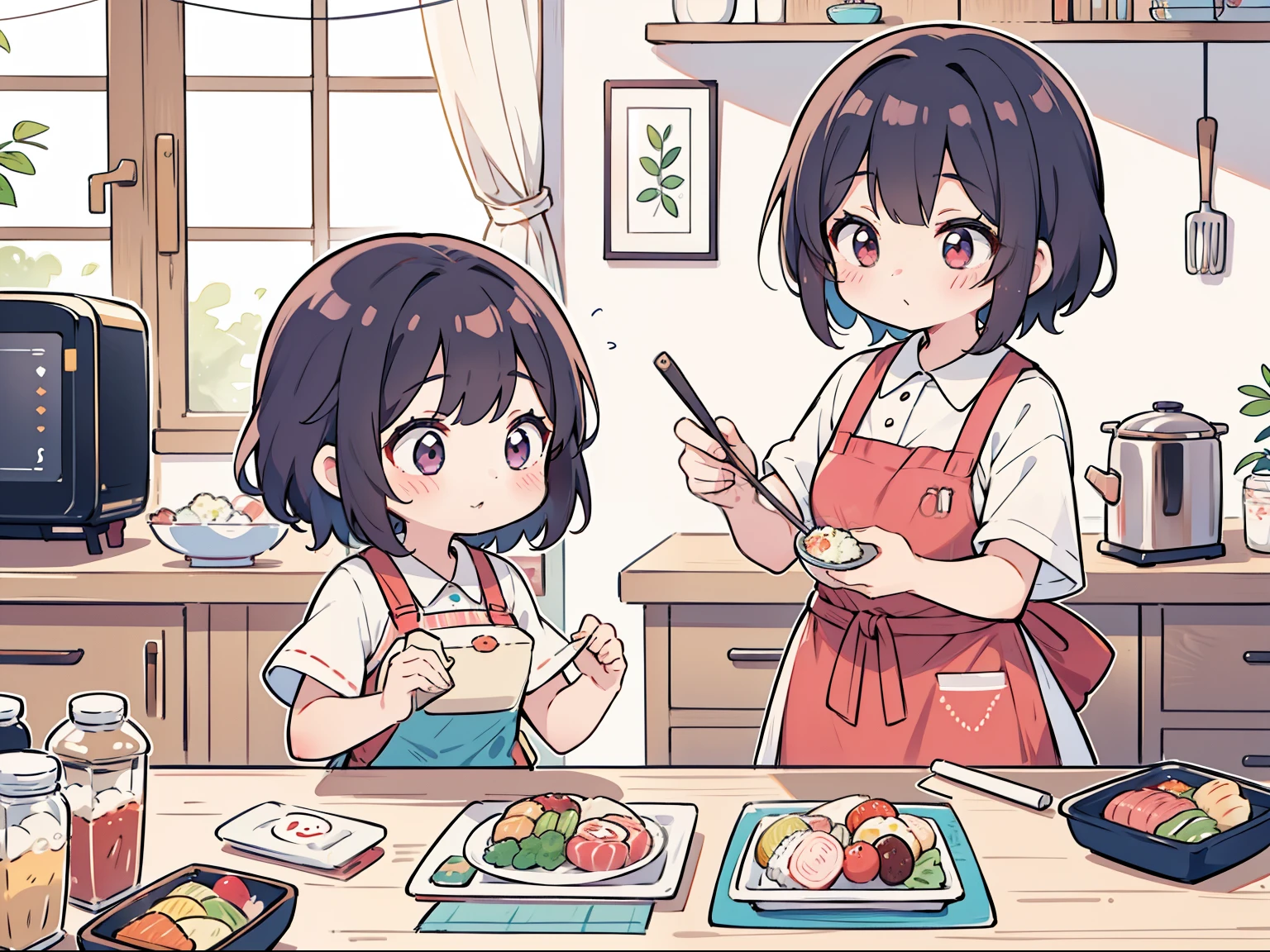 Daughter approaching mother getting ready for morning. Mother cooking is very beautiful. Make a bento. Daughter looking at it deliciously. There was one woman and one girl in the kitchen. Colorful. ultra-detailliert. Delicious-looking bento. high-level image quality.