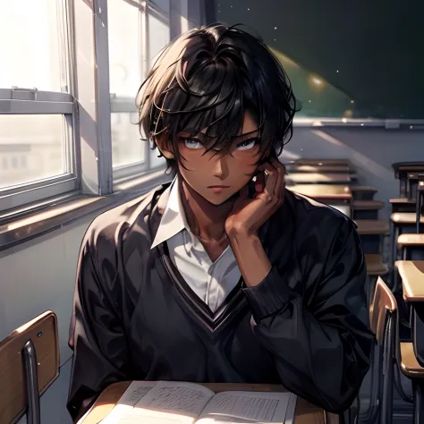 anime character sitting at a desk with a book in front of him, anime handsome man, young anime man, handsome anime pose, anime p...