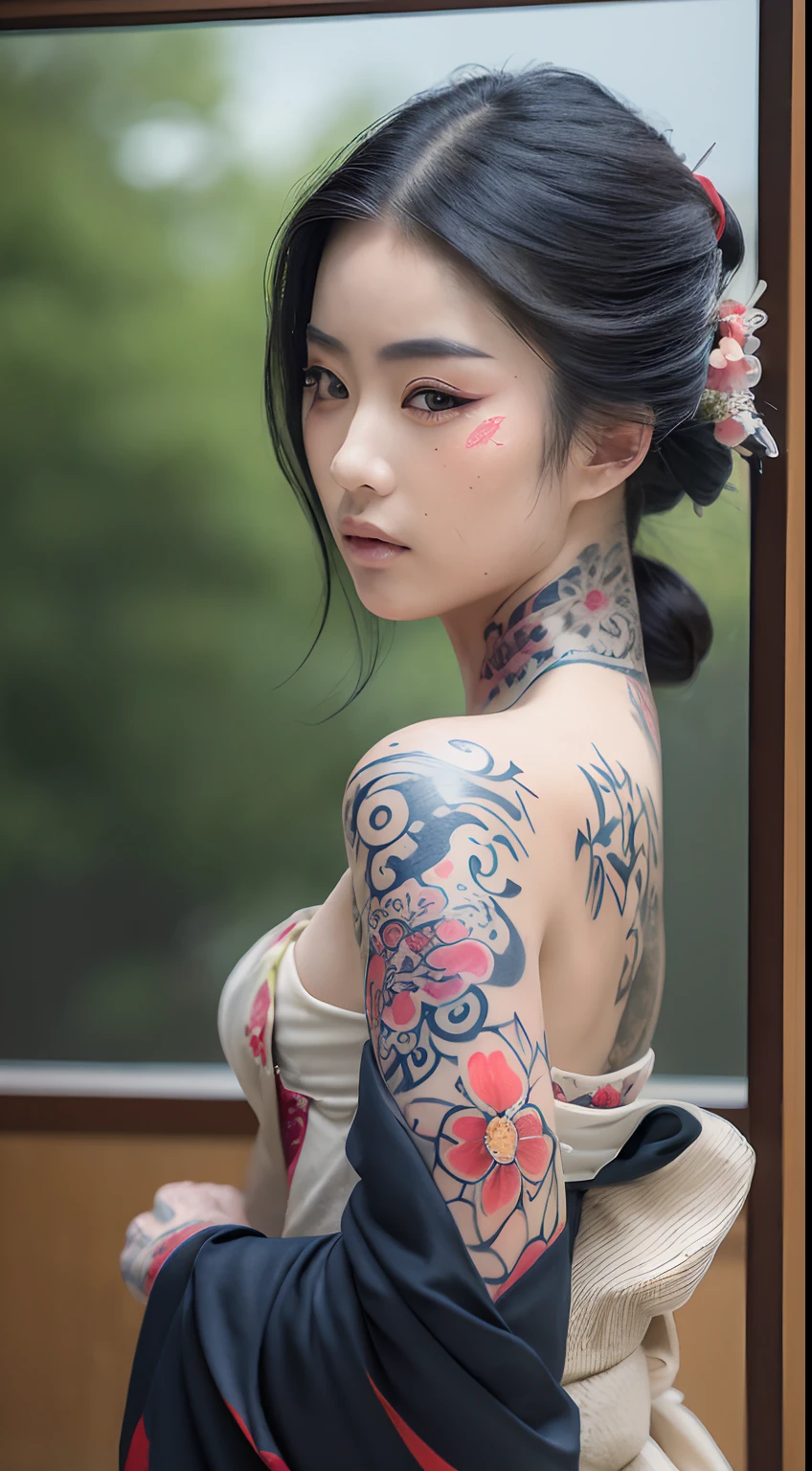 ((Best quality, 8k, Masterpiece :1.3)), Sharp focus:1.2 ((Beautiful geisha in kimono.bare shoulders, Tattood face)) Detailed texture of tattooed face. Tattooed face, Tattooed neck detail. Tattooed chest detail, Tattooed skin detail, "In front of a glass wall. In the room, Full body_mix4, 20d, solo, photo-realistic:1.37